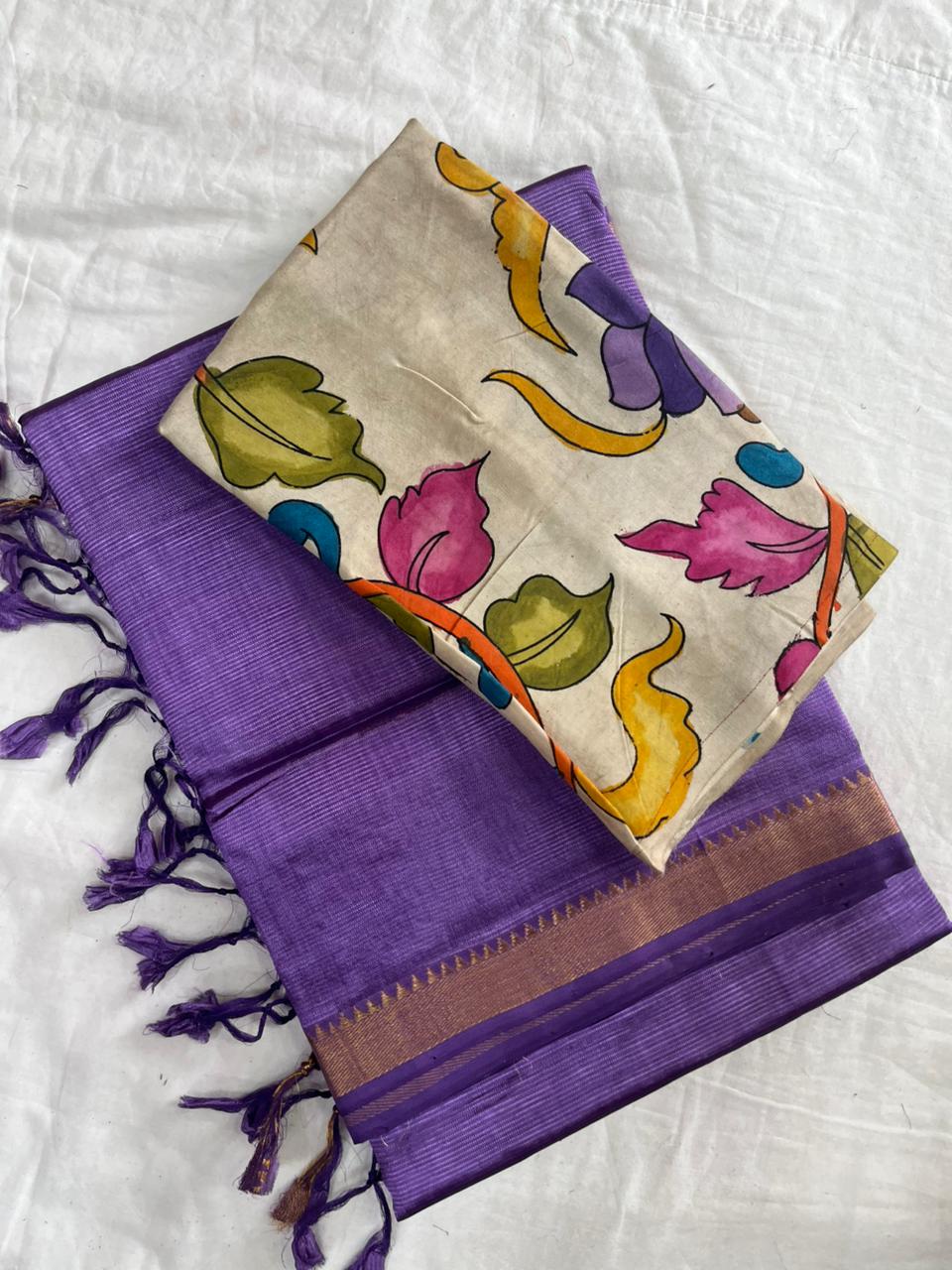 Peach Handloom Mangalagiri Pattu  with a Pen Kalamkari Blouse  Cotton Saree